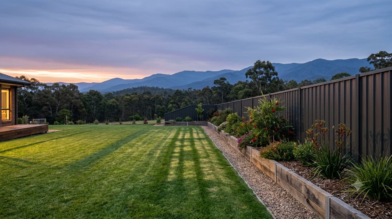 Finished backyard with new fencing, fresh lawn and garden beds, with the mountains of North East Victoria behind