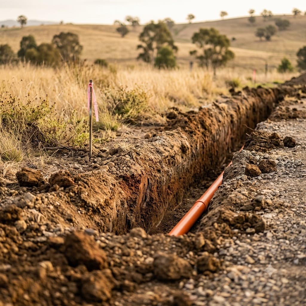 Excavator trenching a drainage line on a sloping property near Bright