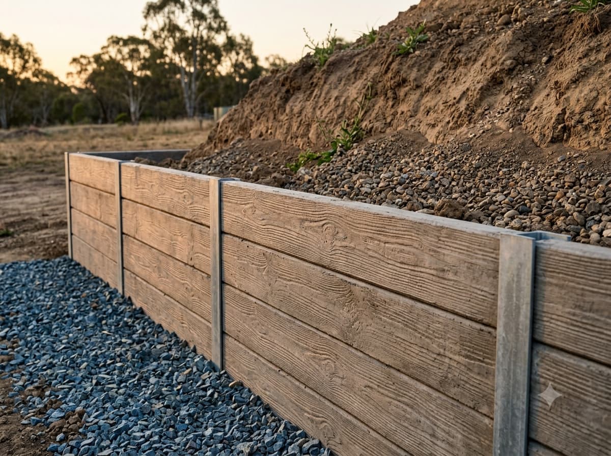 Concrete sleeper retaining wall with galvanised steel posts terracing a steep Bright block